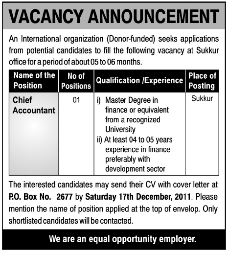 Chief Accountant Required by International Organization (Donor Funded)