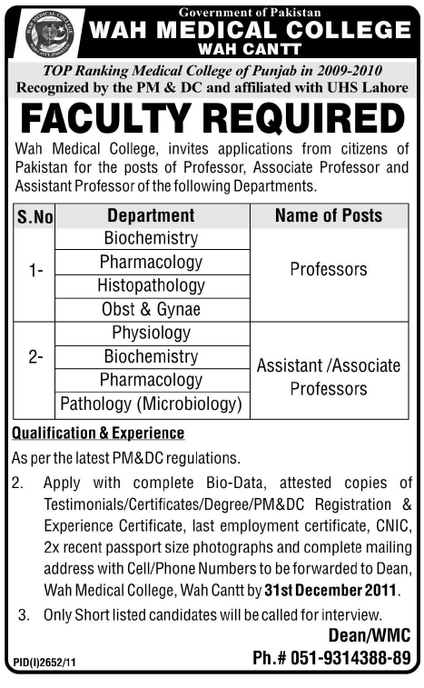 Wah Medical College Wah Cantt Required Faculty