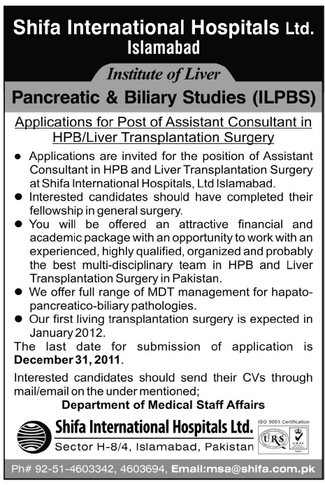 Shifa International Hospitals Ltd. Islamabad Required Assistant Consultant in HPB/Liver Transplantation Surgery