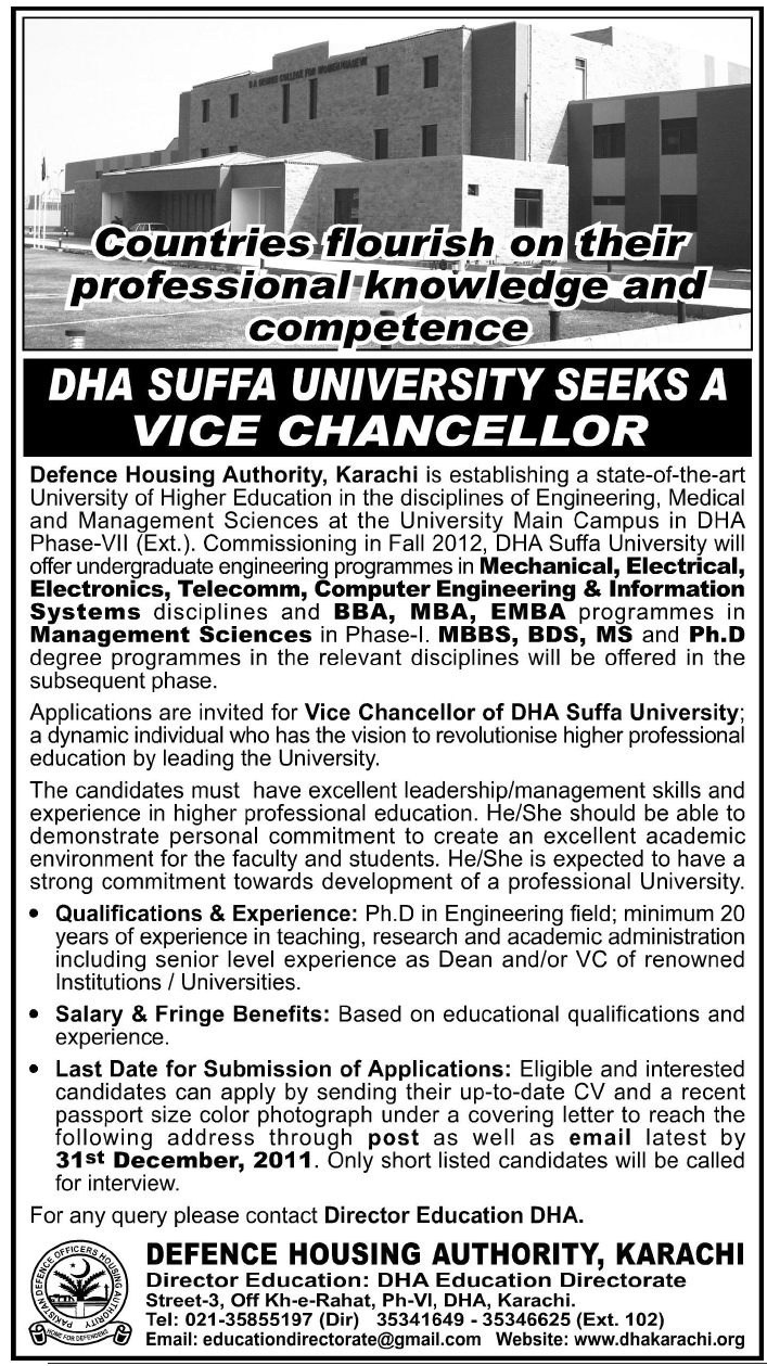 DHA SUFFA University Required Vice Chancellor