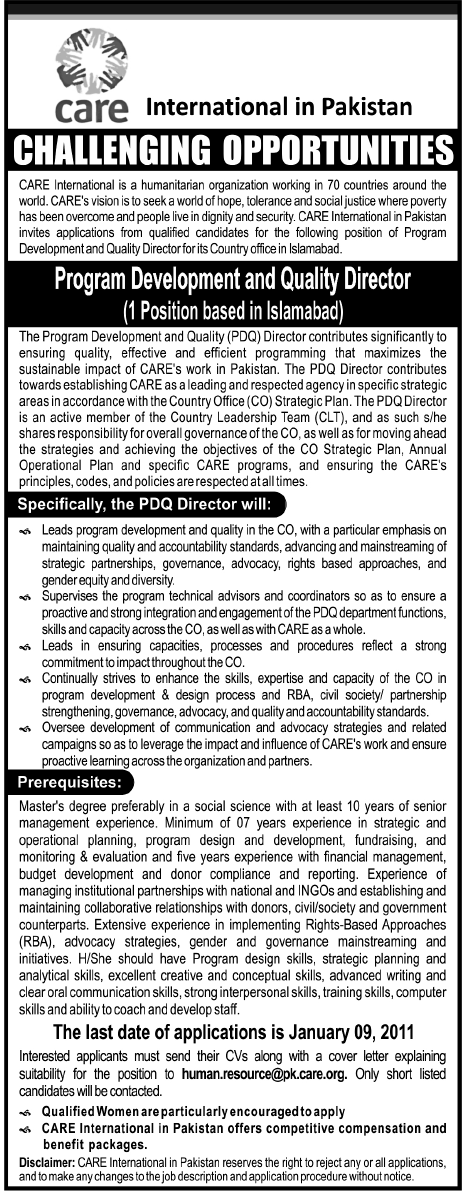 Care International in Pakistan Required the Services of Program Development and Quality Director