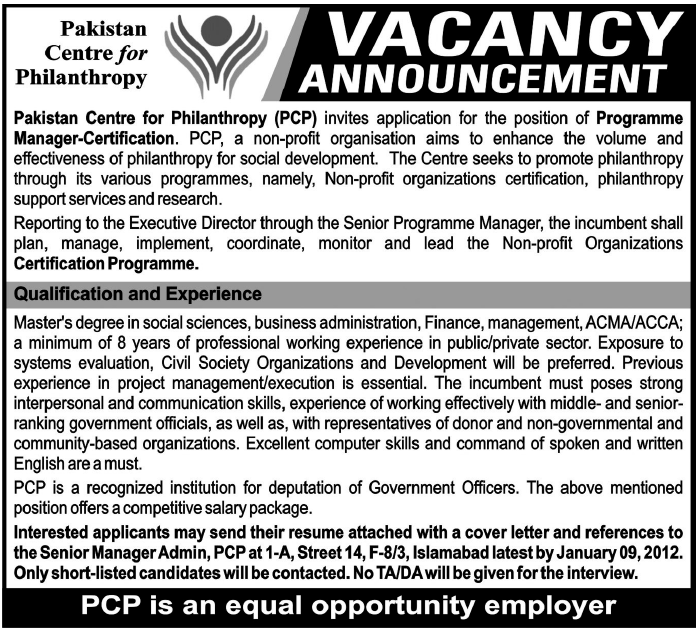 Pakistan Centre for Philanthropy Required Programme Manager-Certification