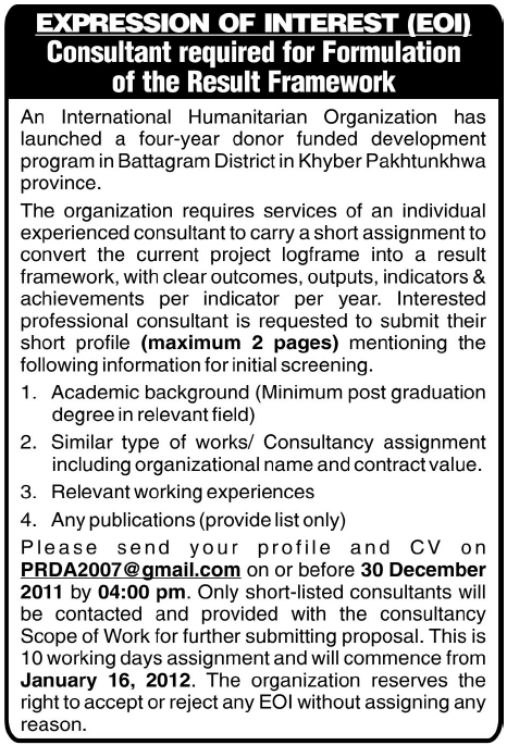Consultant Required by An International Humanitarian Organization