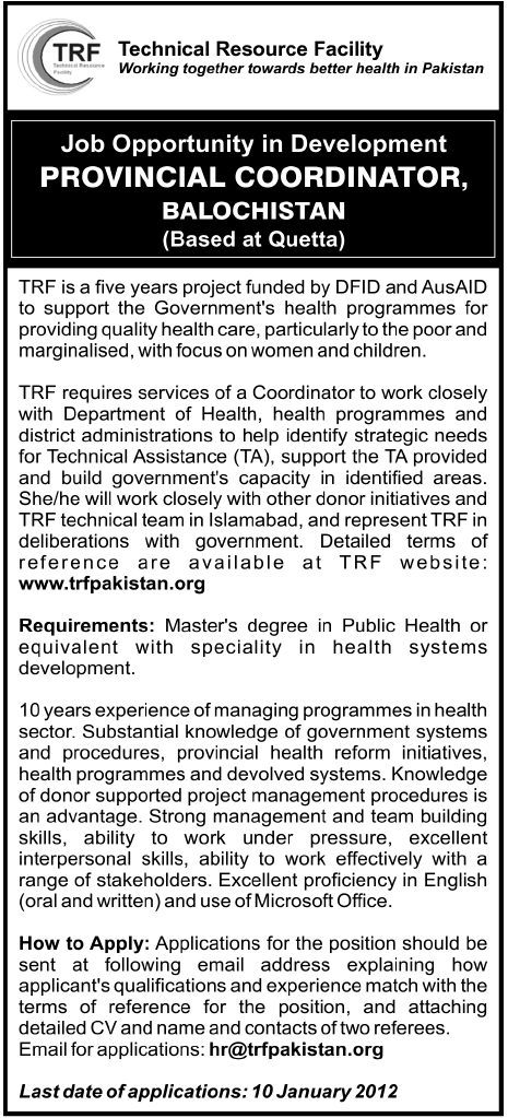 TRF Required the Service of Provincial Coordinator in Quetta