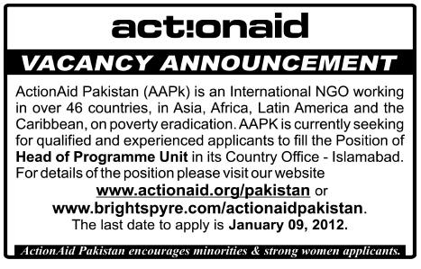 Action Aid Pakistan Required Head of Programme Unit - Islamabad