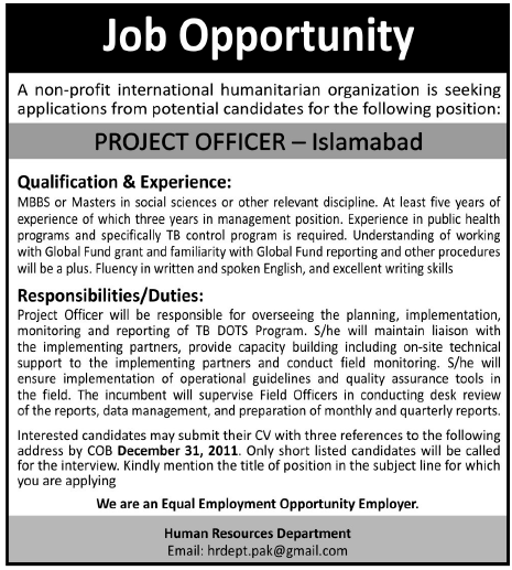 Project Director Required by an International Humanitarian Organization in Islamabad