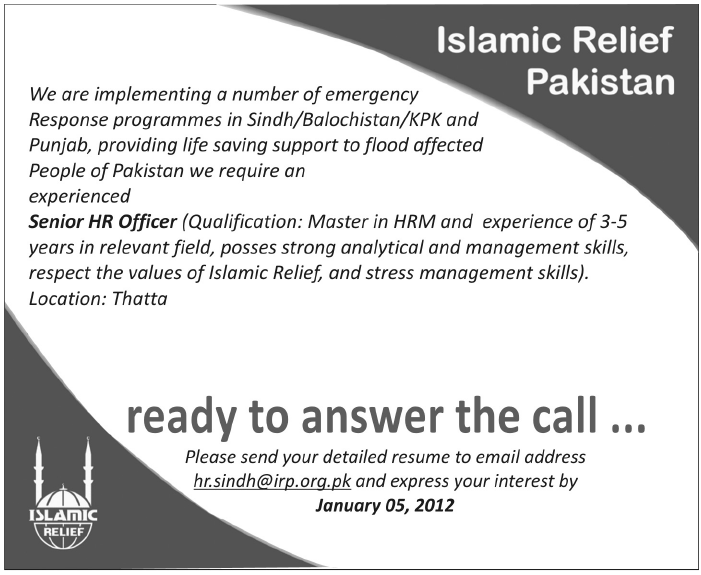 Islamic Relief Pakistan Required the Services of Senior HR Officer