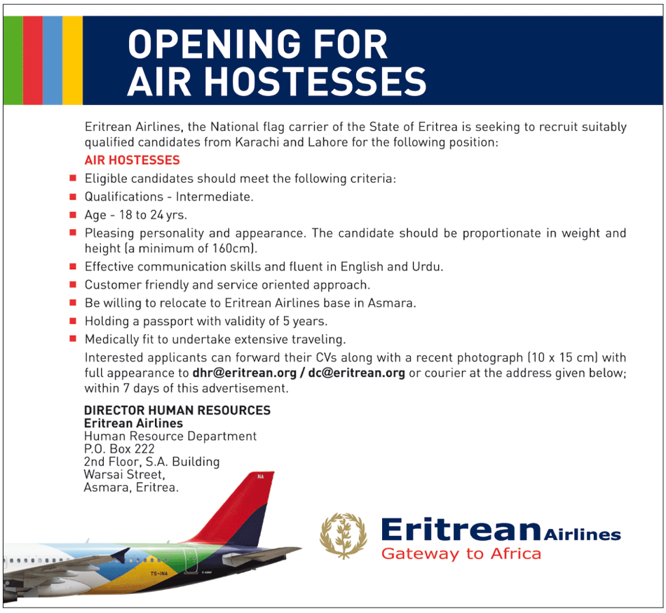 Eritrean Airlines Required Air Hostesses