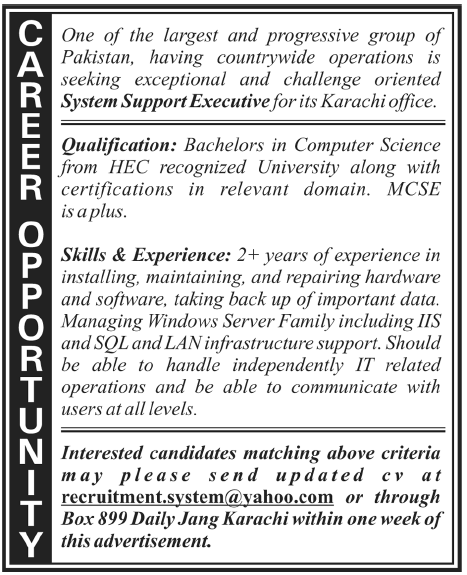 System Support Executive Required for Karachi