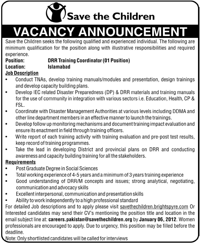 Save the Children Required the Services of DRR Training Coordinator-Islamabad