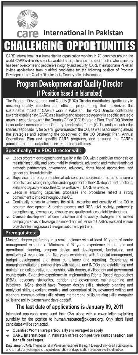 Care International in Pakistan Required Program Development and Quality Director-Islamabad