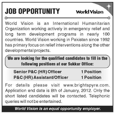 World Vision Required Senior P&C (HR) Officer and P&C (HR) Assistant/Officer