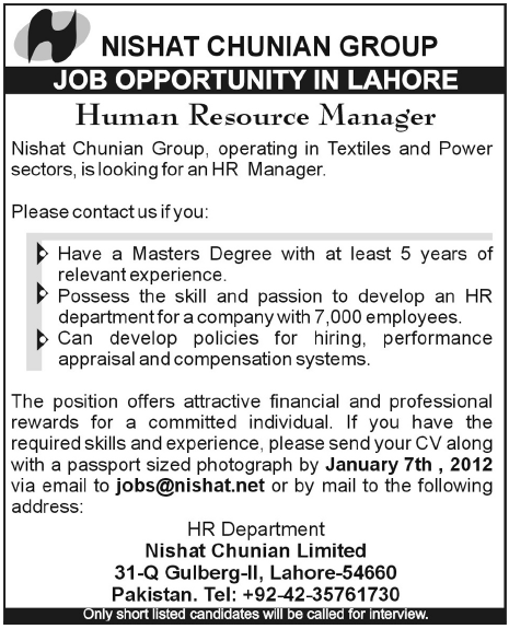 Nishat Chunian Group Required Human Resource Manager for Lahore