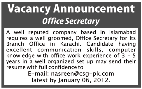 Office Secretary Required in Karachi