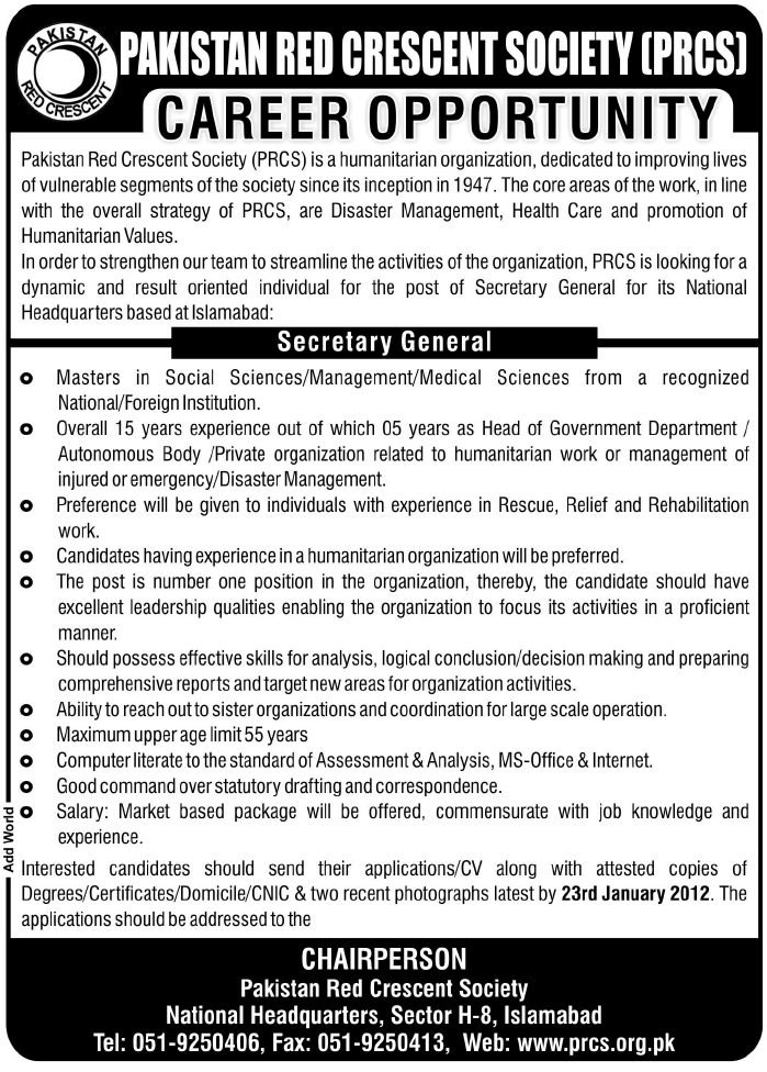 Pakistan Red Crescent Society Required Services of Secretary General