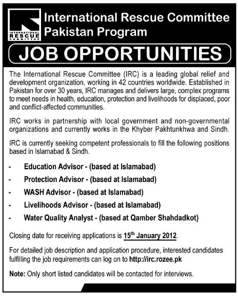 International Rescue Committee Pakistan Program Jobs Opportunity