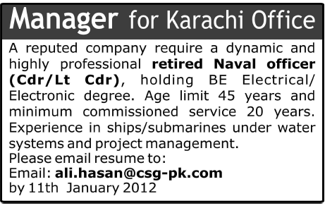 Manager Required by a Company in Karachi