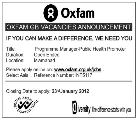OXFAM Required the Services of Programme Manager-Public Health Promoter