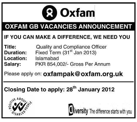 Oxfam Required the Services of Quality and Compliance Officer