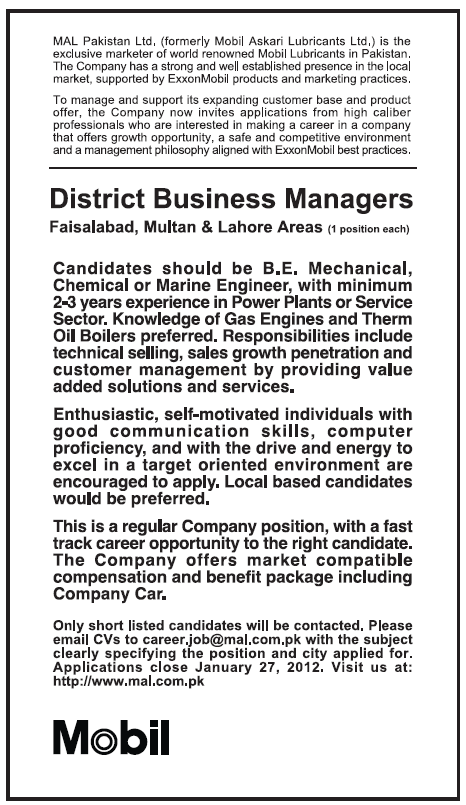 MAL Pakistan Ltd Required District Business Managers