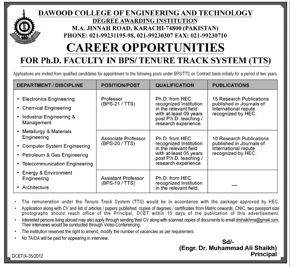 Dawood College of Engineering and Technology Karachi Required Ph.D Faculty