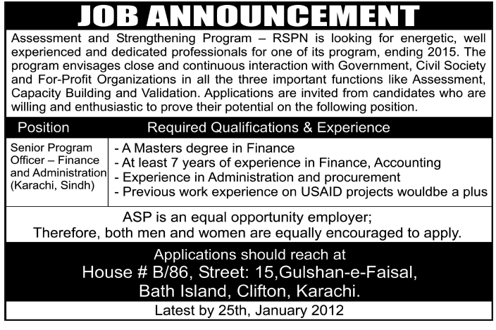 Assessment and Strengthening Program (ASP) RSPN Karachi Required Senior Program Officer