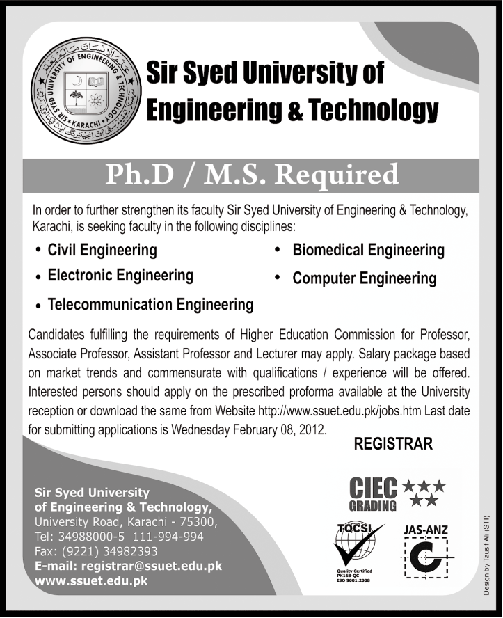 Sir Syed University of Engineering & Technology Required Faculty