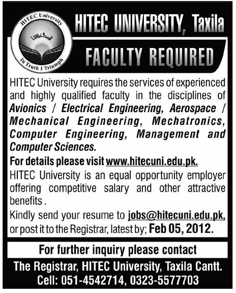 HITEC University, Taxila Required Faculty