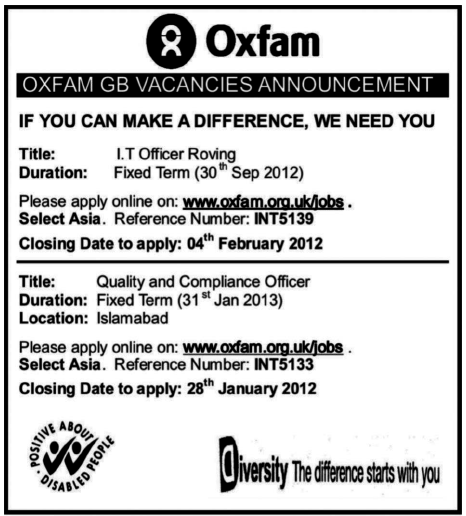 OXFAM GB Required I.T Officer Roving and Quality and Compliance Officer