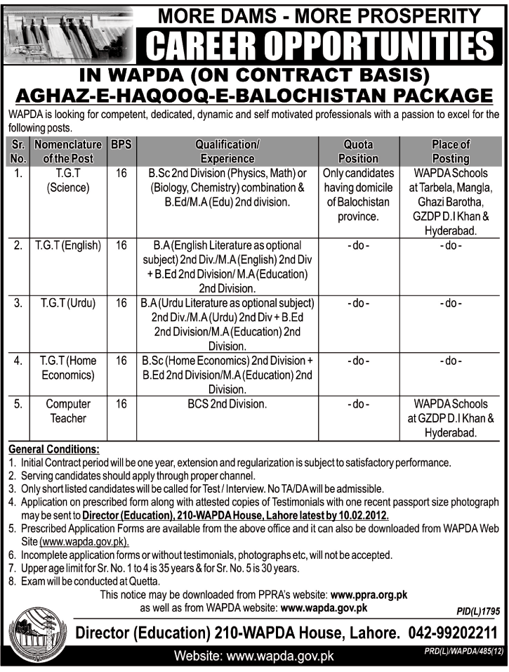 WAPDA (Aghaz e Haqooq e Balochistan Package) Jobs Opportunity