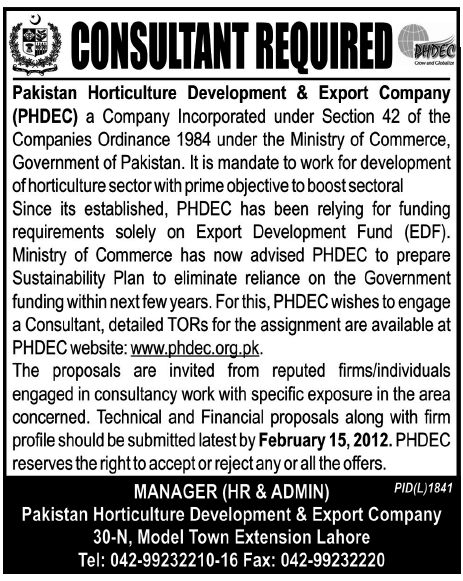 Consultant Required by Pakistan Horticulture Development & Export Company