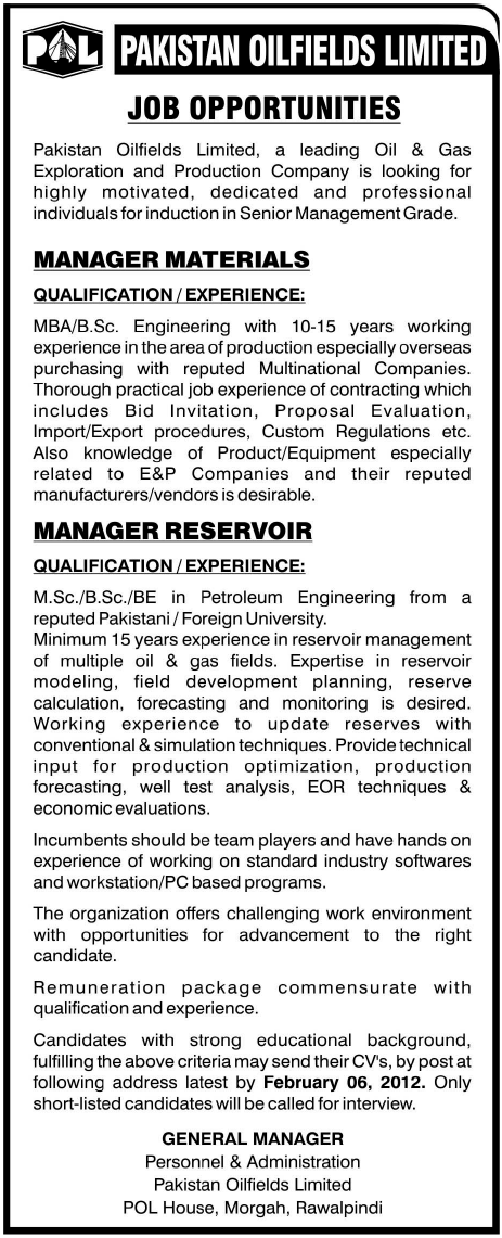Pakistan Oilfields Limited Required Manager Materials and Manager Reservoir