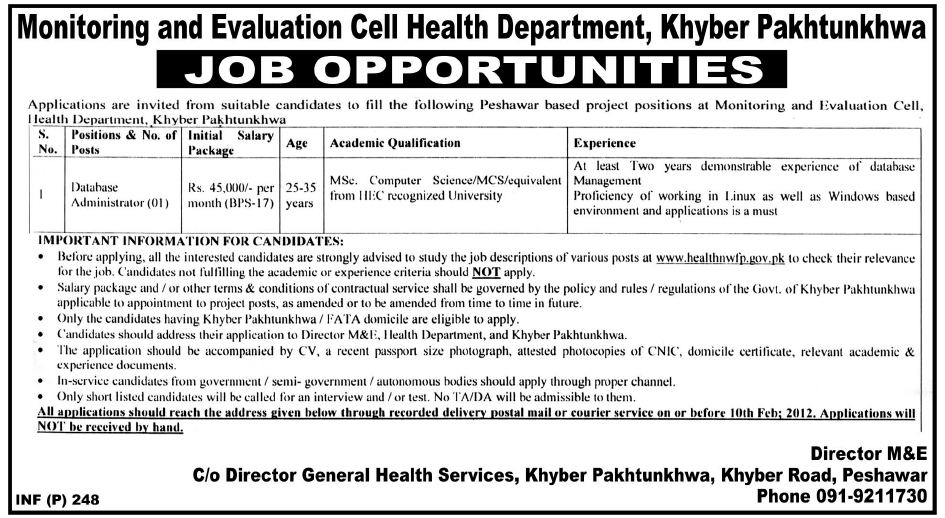 Monitoring and Evaluation Cell Health Department, Khyber Pakhtunkhwa Required Database Administrator