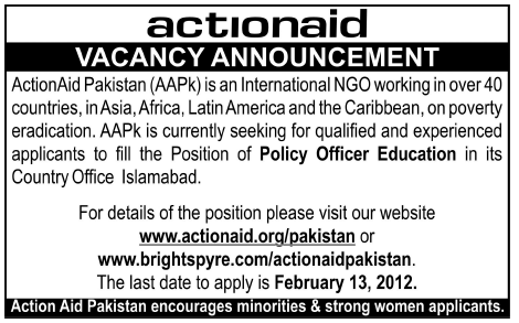 Action Aid Pakistan Required the Services of Policy Officer Education
