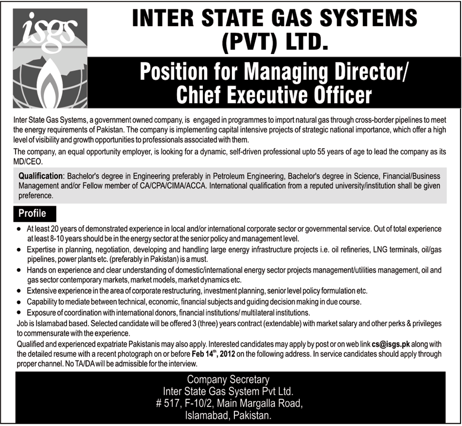 Inter State Gas Systems Pvt Ltd. Required the Services of Managing Director/Chief Executive Officer