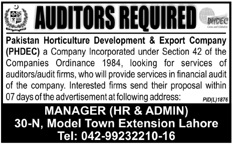 Pakistan Horticulture Development & Export Company Required Auditors