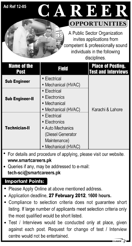 Public Sector Organization Required Sub Engineers and Technicians