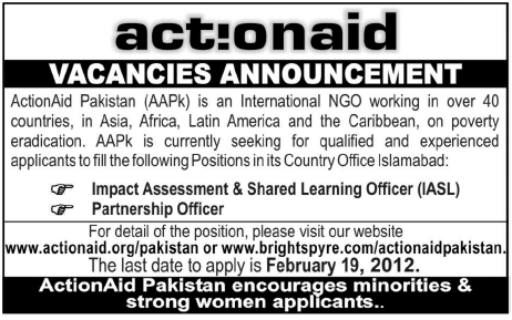 ActionAid Pakistan (AAPk) Required Impact Assessment & Shared Learning Officer and Partnership Officer