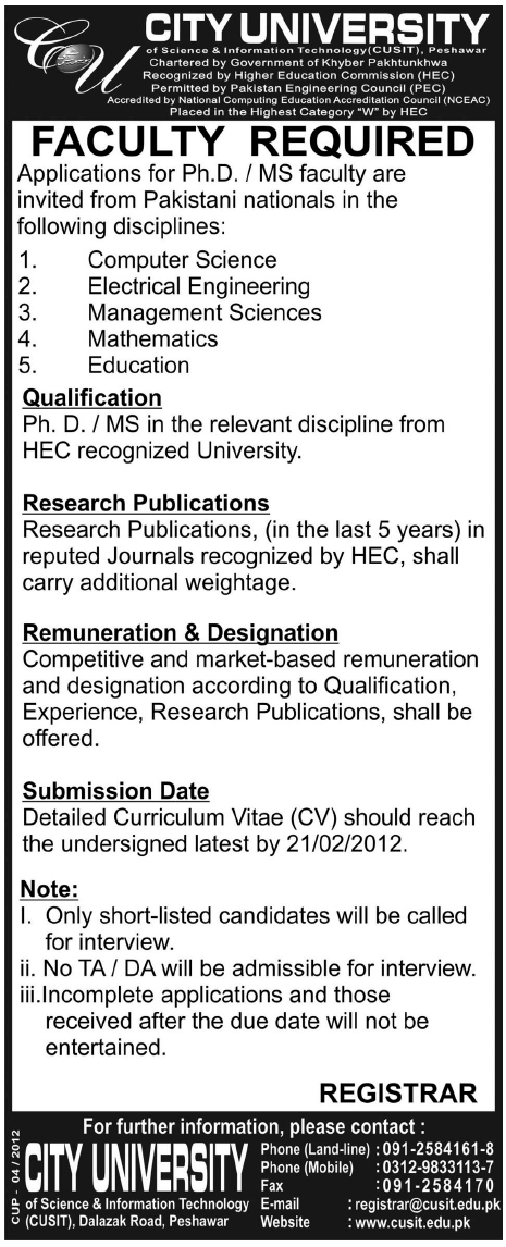 City University of Science & Information Technology, Peshawar Required Faculty