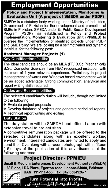 SMEDA Required Assistant Manager Projects