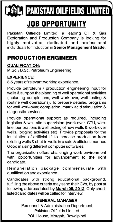 Pakistan Oilfields Limited Required the Services of Production Engineer