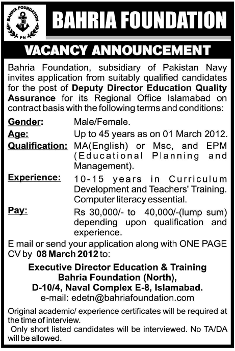Bahria Foundation Required Deputy Director Education Quality Assurance