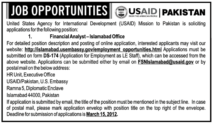 USAID Pakistan Required the Services of Financial Analyst