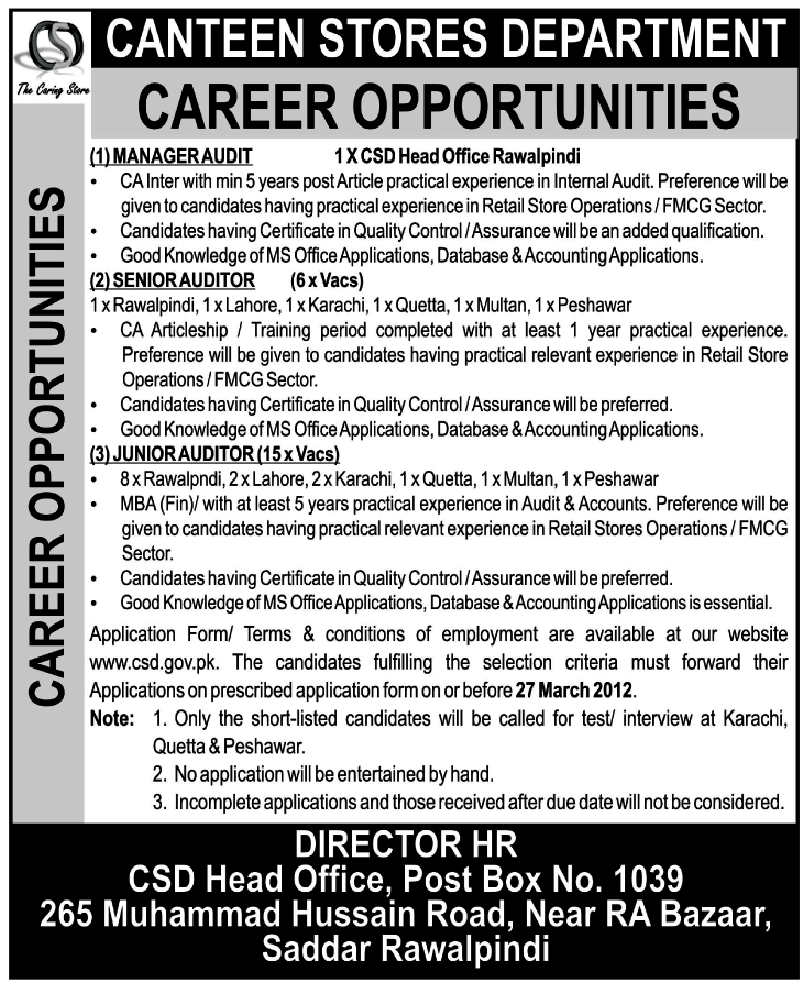 CSD (Govt Jobs) Requires Manager Audit, Senior Auditor and Junior Auditor