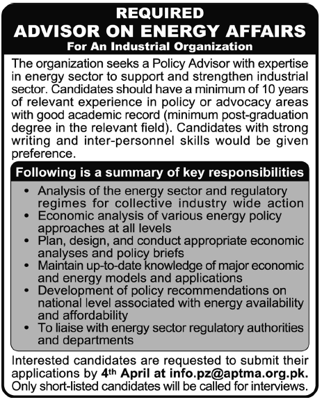 Advisor on Energy Affairs Required by an Industrial Organization