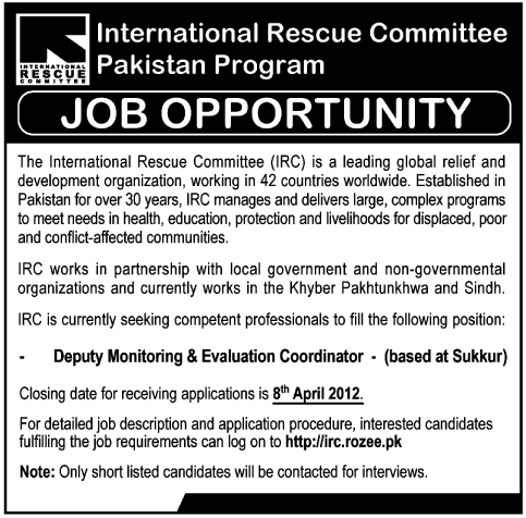 IRC (International Rescue Committee Pakistan Program) Jobs