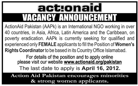 ActionAid Pakistan (AAPk) NGO Requires Women's Rights Coordinator