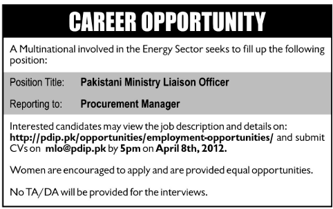 Energy Sector Organization Requires Pakistani Ministry Liaison Officer