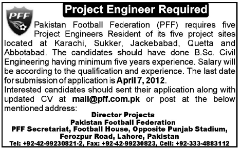 Pakistan Football Federation (Govt Jobs) Requires Project Engineer