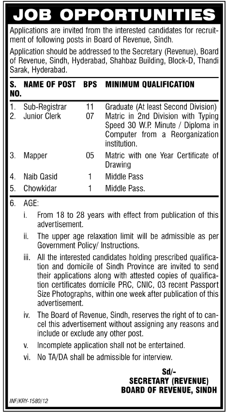 Board of Revenue, Sindh (Govt.) Jobs